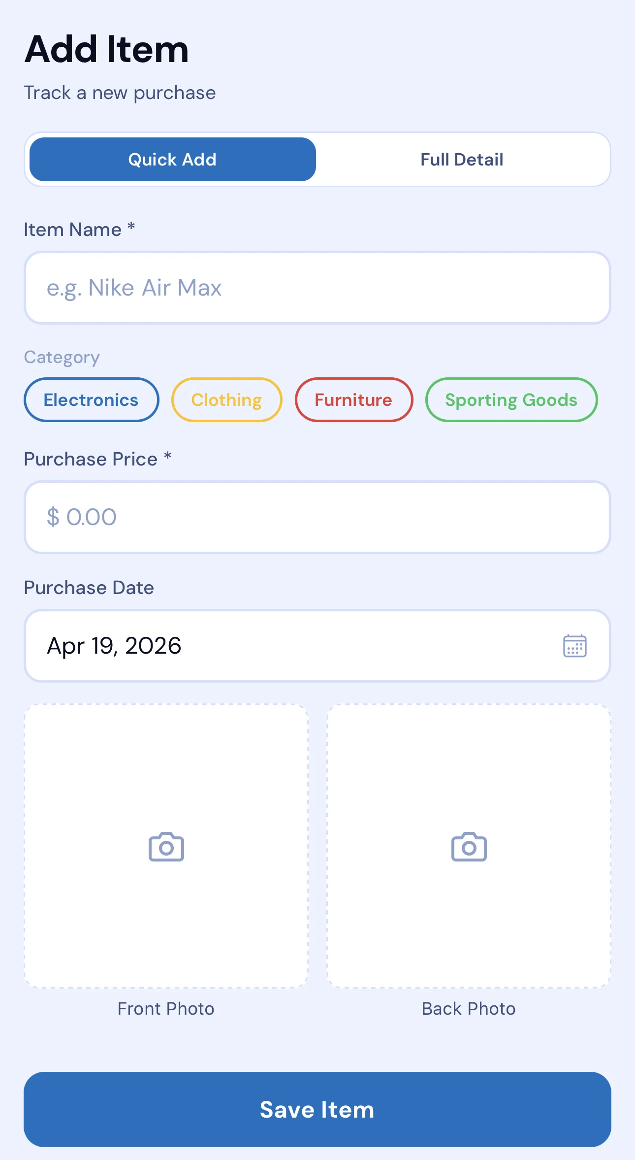 Upcyclist add item screen showing item name, category, purchase price, and photo fields