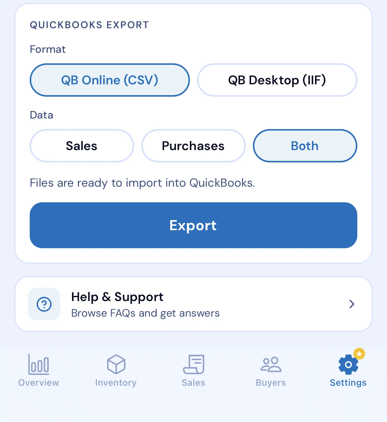 Upcyclist QuickBooks export screen with QB Online and Desktop format options