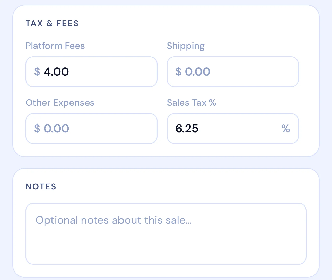 Upcyclist tax and fees screen showing platform fees, shipping, and sales tax fields