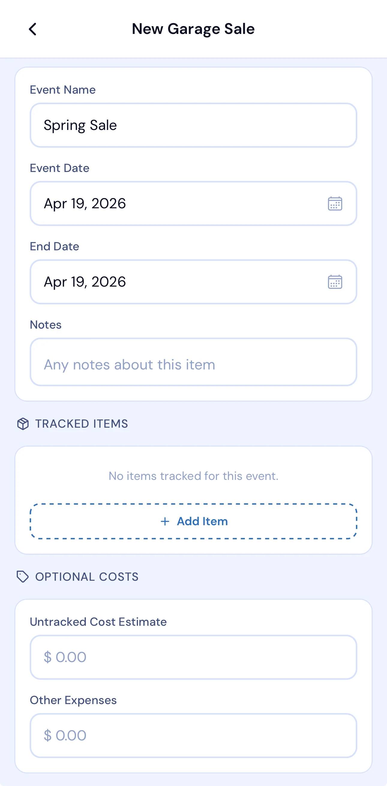 Upcyclist new garage sale form showing event name, dates, and optional cost tracking