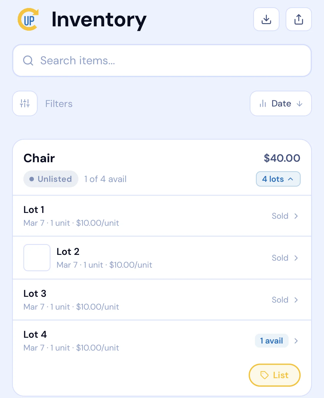 Upcyclist inventory screen showing a lot of 4 chairs with cost per unit tracked